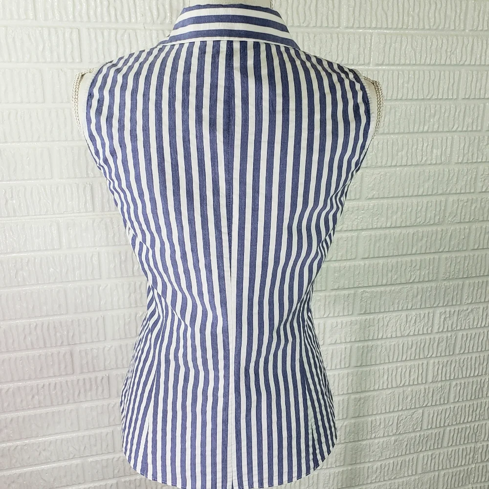 Lafayette 148 New York Blouse  Sleeveless Button Front Blue White Stripe - Picture 8 of 13